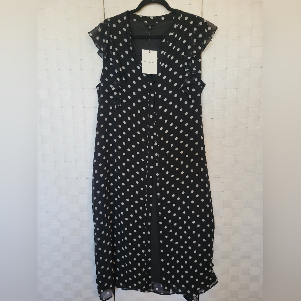 Who What Wear Black and White Polka Dot Button Down Sheer Layered Dress W/ Ties